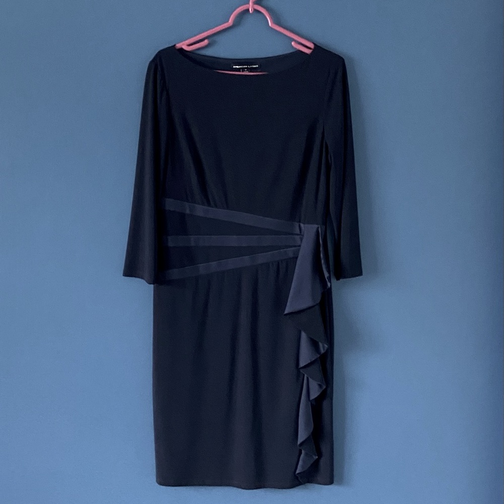 American Living Navy Satin Ruffle Sheath Dress size 12